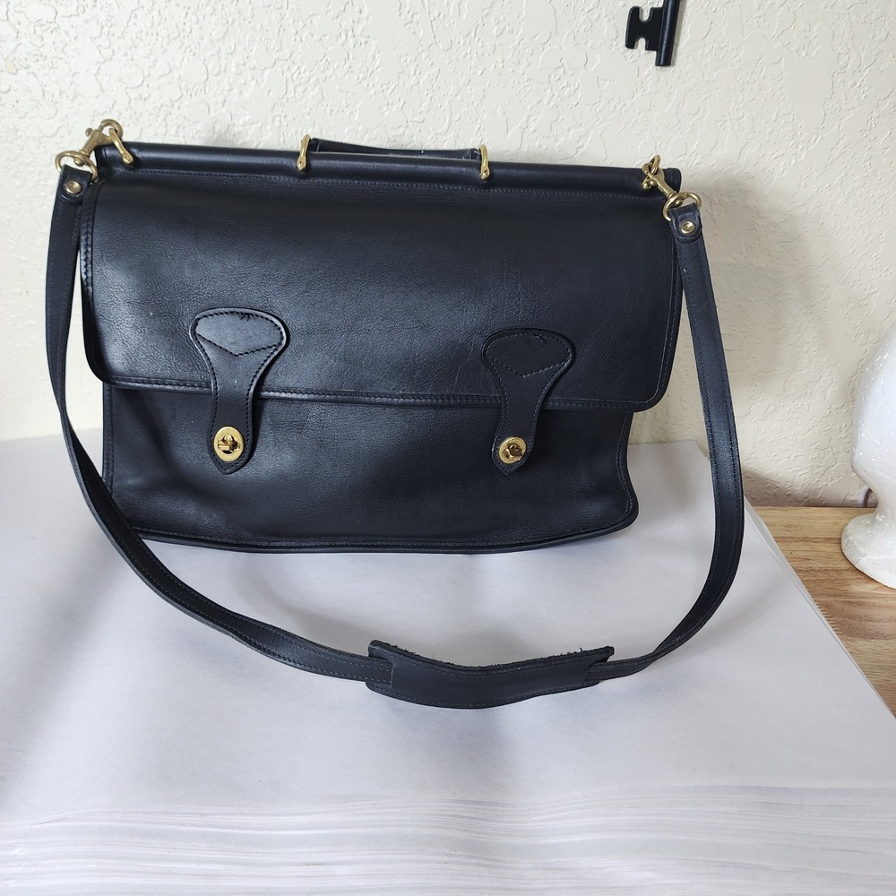 Jack Georges Black Leather Briefcase Messenger Bag Made in USA Brass Hardware
